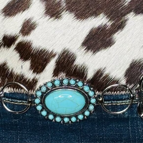 Upcycled True Religion Western Brown/white Cowhide Jean Jacket concho accent-XS - Picture 4 of 6